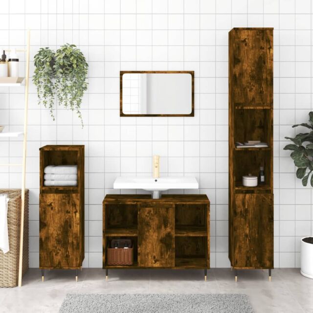Berkfield Home Bathroom Cabinet Smoked Oak 30x30x100 cm Engineered Wood in Brown - Size: 30 x 30 x 100 cm - image 1