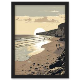 Artery8 Sunrise Walk on Filey Beach Coastal Illustration Artwork Framed Wall Art Print A4 in Black - thumbnail 1