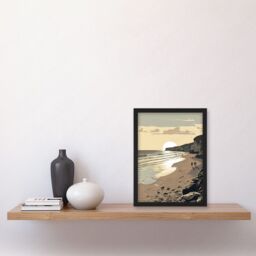 Artery8 Sunrise Walk on Filey Beach Coastal Illustration Artwork Framed Wall Art Print A4 in Black - thumbnail 2