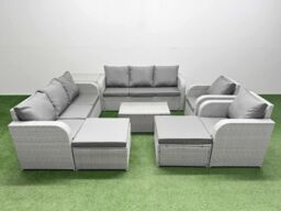 Fimous PE Rattan High Back Lounge Sofa Set Patio Coffee Table & Chairs Set with 3 Seater Sofa Reclining Chair 2 Big Footstool Side Table Light Grey - thumbnail 2