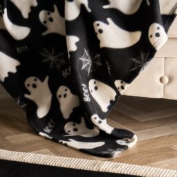 OHS Halloween Ghost Print Fleece Throw Soft Lightweight Blanket - Black - Size: 120 cm x 150 cm - thumbnail 2