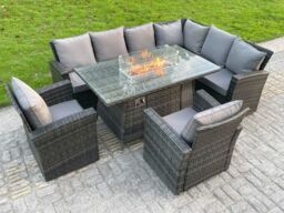 Fimous High Back Rattan Corner Sofa Set Gas Fire Pit Dining Table Heater Arm Chair 8 Seater in Dark Grey - thumbnail 1