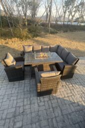 Fimous High Back Rattan Corner Sofa Set Gas Fire Pit Dining Table Heater Arm Chair 8 Seater in Dark Grey - thumbnail 5