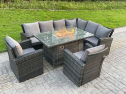 Fimous High Back Rattan Corner Sofa Set Gas Fire Pit Dining Table Heater Arm Chair 8 Seater in Dark Grey - thumbnail 4