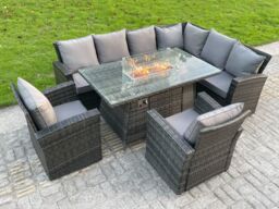 Fimous High Back Rattan Corner Sofa Set Gas Fire Pit Dining Table Heater Arm Chair 8 Seater in Dark Grey - thumbnail 3