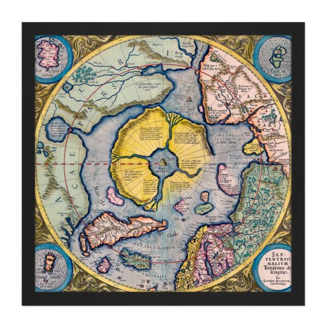 "Artery8 Wall Art Print Map Mercator 1623 North Pole Arctic Pictorial Chart Square Framed Picture 16X16 Inch in Black - Size: W16"" x H16""" - image 1