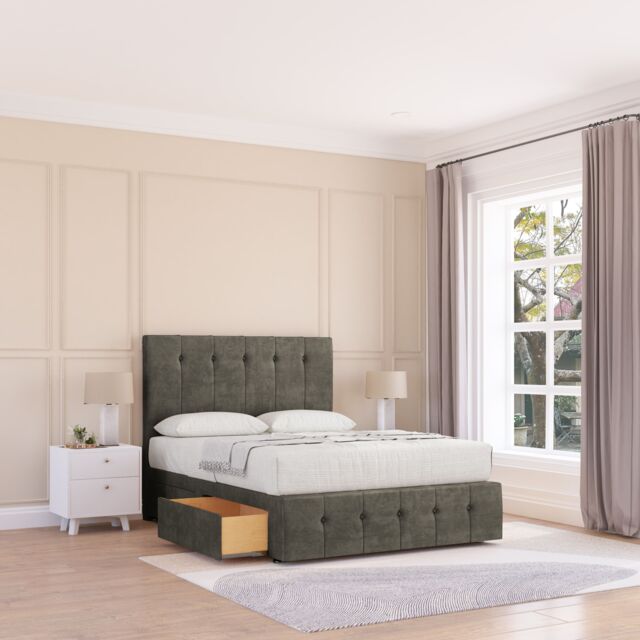 "Sloomy Cambridge Divan Bed Base No Drawers 12"" Footboard & 26"" Struts Headboard in Light Grey - Size: King" - image 1