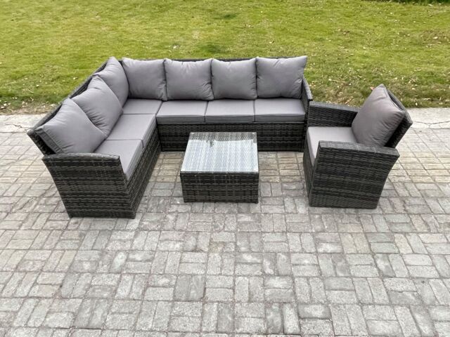 Fimous 7 Seater Outdoor Garden Furniture Set Wicker PE Rattan Corner Sofa Set with Square Coffee Table Armchairs Dark Grey Mixed - image 1