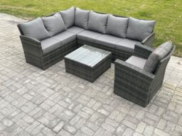 Fimous 7 Seater Outdoor Garden Furniture Set Wicker PE Rattan Corner Sofa Set with Square Coffee Table Armchairs Dark Grey Mixed - thumbnail 2