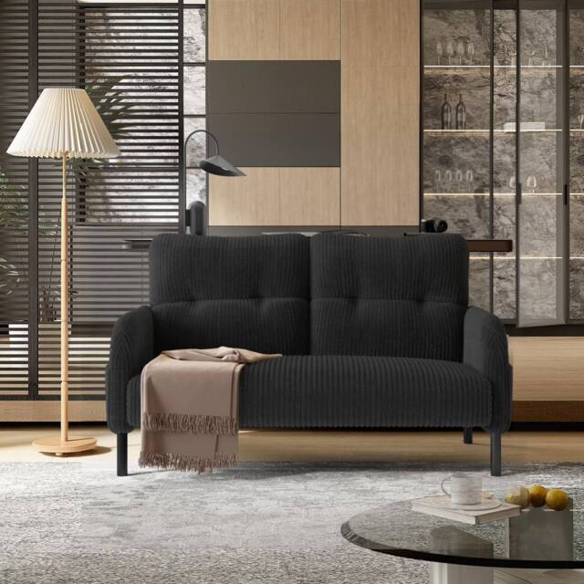 HomeTouch Modern 2-Seater Double Sofa with Side Pockets & Armrests Upholstered Loveseat in Grey - image 1