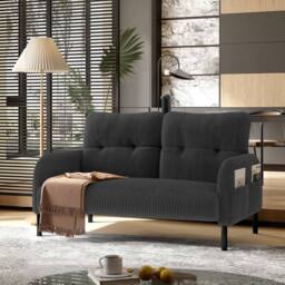 HomeTouch Modern 2-Seater Double Sofa with Side Pockets & Armrests Upholstered Loveseat in Grey - thumbnail 2