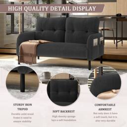 HomeTouch Modern 2-Seater Double Sofa with Side Pockets & Armrests Upholstered Loveseat in Grey - thumbnail 3