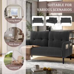 HomeTouch Modern 2-Seater Double Sofa with Side Pockets & Armrests Upholstered Loveseat in Grey - thumbnail 6