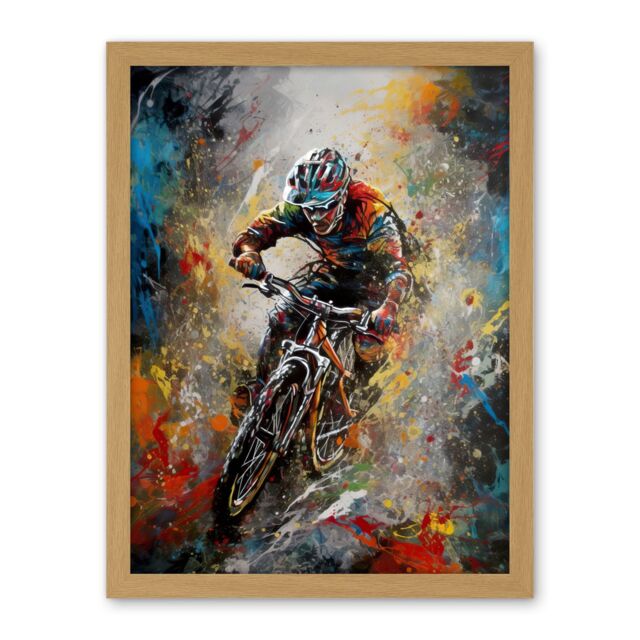 "Artery8 Wall Art Print Mountain Biker Paint Splat Action Shot Portrait Artwork Framed 18X24 Inch in Light Oak - Size: W18"" x H24""" - image 1