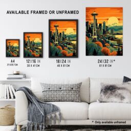 "Artery8 Wall Art Print The Space Needle Seattle Landmark Sunset Cityscape Framed in Orange - Size: W12"" x H16""" - thumbnail 3