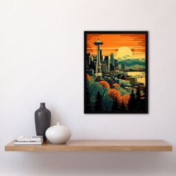 "Artery8 Wall Art Print The Space Needle Seattle Landmark Sunset Cityscape Framed in Orange - Size: W12"" x H16""" - thumbnail 4