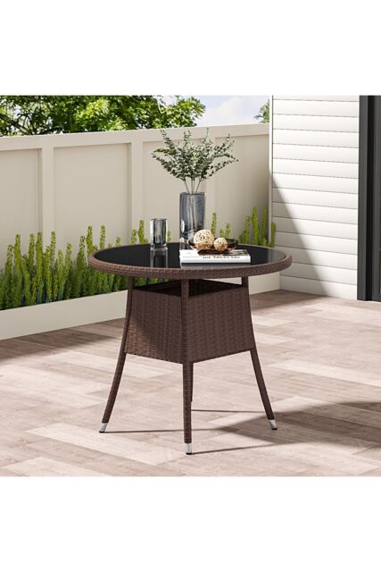 Living and Home 4 Seater Dining Table Garden Wicker Tempered Glass Table with Parasol Hole in Brown