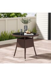 Living and Home 4 Seater Dining Table Garden Wicker Tempered Glass Table with Parasol Hole in Brown - thumbnail 1