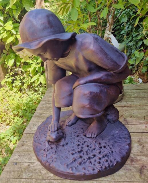 Inspirational Gifting Boy Playing with Frog Garden Ornament Sculpture in Bronze - image 1