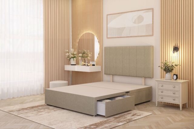 Somnior Austin Divan Bed Base with 2 Storage Drawers & Headboard Linen Fabric in Beige - Size: King - image 1