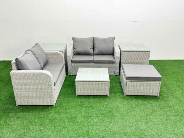 Fimous 5 Seater Outdoor Love Sofa Set Rattan Garden Furniture Set with Square Coffee Table Big Footstool 2 Side Tables Light Grey - image 1