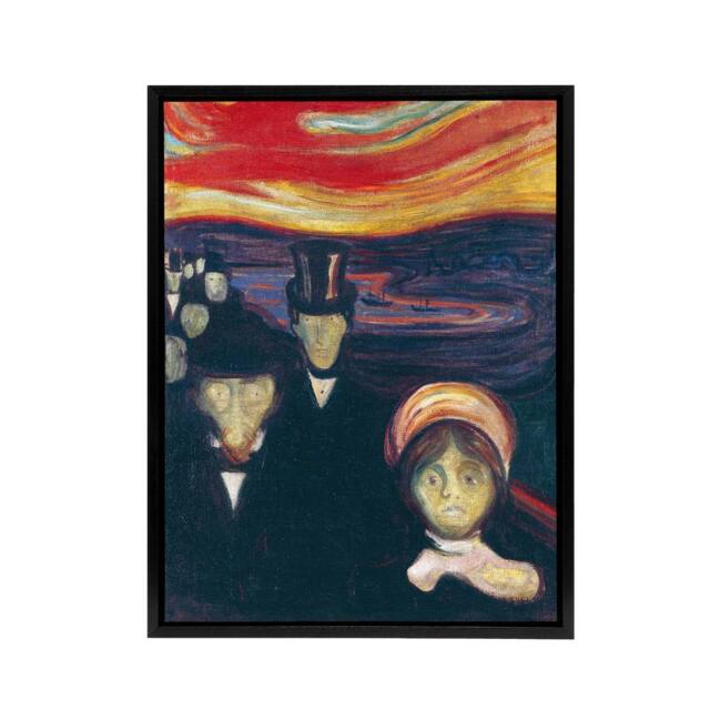 "Artery8 Anxiety Figures Oil Painting Munch Black Framed Canvas Wall Art - Size: W18"" x H24""" - image 1