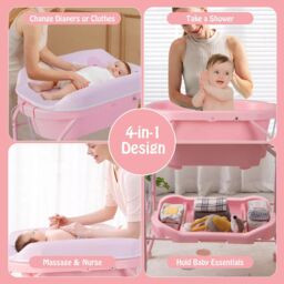 Costway Baby Changing Table Folding Infant Diaper Changing Nursery Station With Bathtub in Pink - thumbnail 4