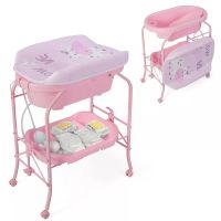 Costway Baby Changing Table Folding Infant Diaper Changing Nursery Station With Bathtub in Pink - thumbnail 3