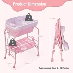 Costway Baby Changing Table Folding Infant Diaper Changing Nursery Station With Bathtub in Pink - thumbnail 2