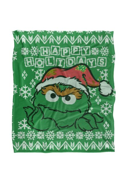 Sesame Street Oscar The Grouch Ugly Christmas Sweater Silky Touch Super Soft Throw Blanket 152 X 127 cm in White - image 1