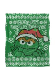 Sesame Street Oscar The Grouch Ugly Christmas Sweater Silky Touch Super Soft Throw Blanket 152 X 127 cm in White - thumbnail 1