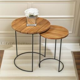 Pirlo Plush Set Of 2 Round Teak Nesting Tables Rustic Brown - thumbnail 3