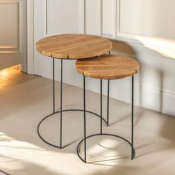 Pirlo Plush Set Of 2 Round Teak Nesting Tables Rustic Brown - thumbnail 1
