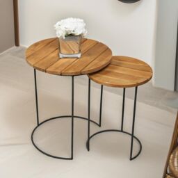 Pirlo Plush Set Of 2 Round Teak Nesting Tables Rustic Brown - thumbnail 2