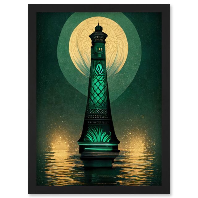 Artery8 Art Deco Lighthouse Great Gatsby Moonlight Emerald Artwork Framed Wall Art Print A4 in Black - image 1