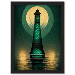 Artery8 Art Deco Lighthouse Great Gatsby Moonlight Emerald Artwork Framed Wall Art Print A4 in Black - thumbnail 1