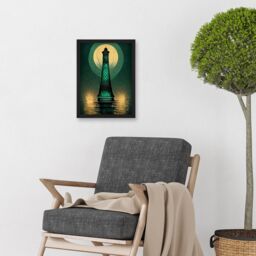 Artery8 Art Deco Lighthouse Great Gatsby Moonlight Emerald Artwork Framed Wall Art Print A4 in Black - thumbnail 2