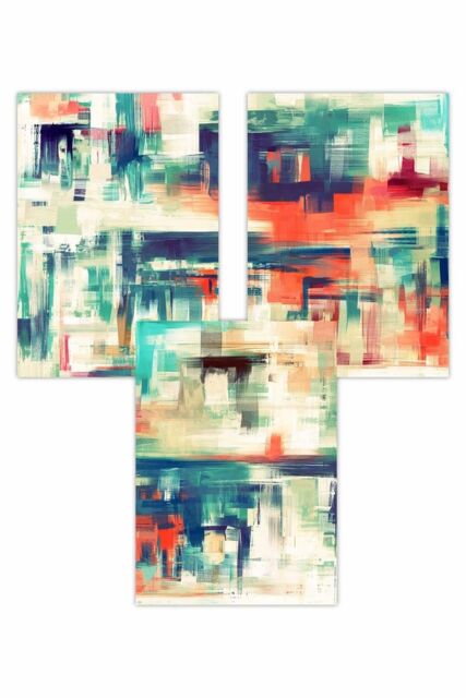 ARTZE Set of 3 Geometric Abstract Strokes In Blue Teal & Red Art Posters - Size: W42 cm x H59 cm - image 1