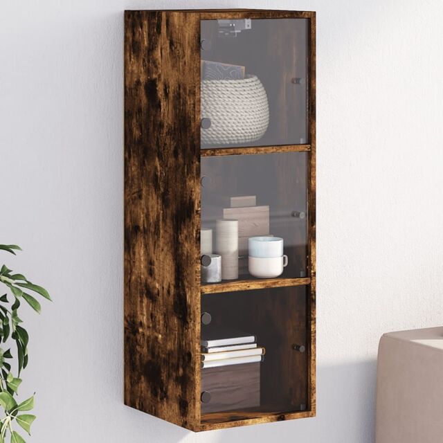 Berkfield Home Wall Cabinet with Glass Doors Smoked Oak 35x37x100 cm in Brown - Size: 35 x 37 x 100 cm - image 1