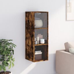 Berkfield Home Wall Cabinet with Glass Doors Smoked Oak 35x37x100 cm in Brown - Size: 35 x 37 x 100 cm - thumbnail 3