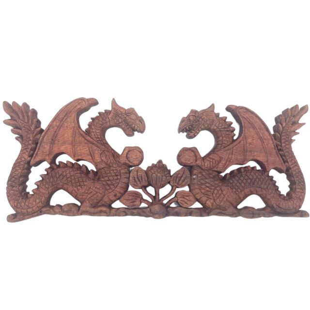 KDMD Two Facing Dragon Plaque Carving - 40x15cm in Brown - Size: 40x15 cm