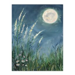 "Artery8 Wildflowers Under a Full Moon Floral Oil Painting Wall Art Print in Blue - Size: W24"" x H32""" - thumbnail 1