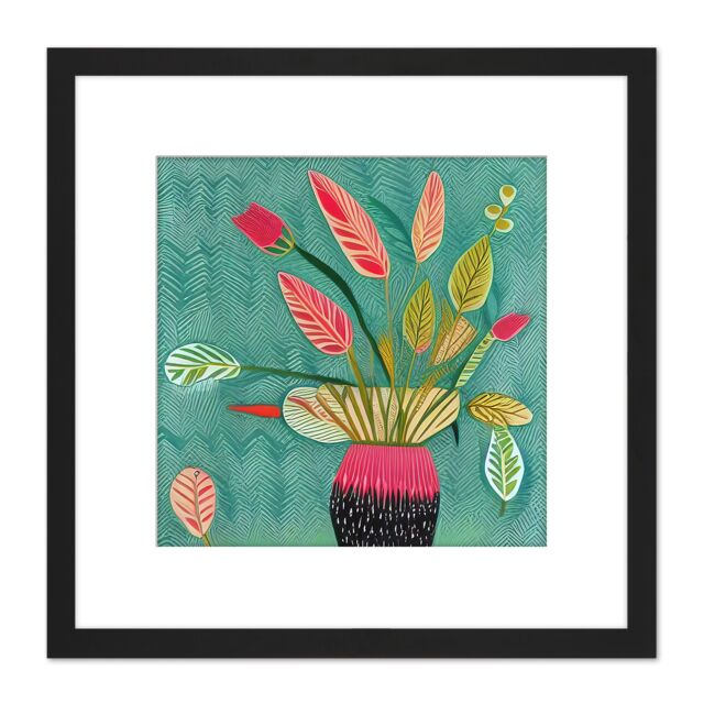 Artery8 Triostar Plant Vibrant Textured Pot Green Red Pink Tricolour Illustration Square Wooden Framed Wall Art Print Picture 8X8 Inch in Black - image 1