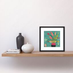 Artery8 Triostar Plant Vibrant Textured Pot Green Red Pink Tricolour Illustration Square Wooden Framed Wall Art Print Picture 8X8 Inch in Black - thumbnail 2