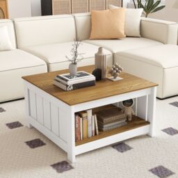 Gymax Square Coffee Table Cocktail Table With Open Storage Shelf-Natural in Light Khaki - thumbnail 3