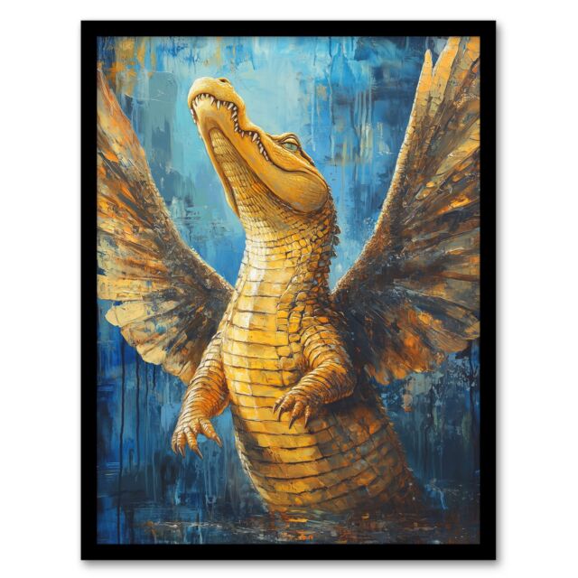 "Artery8 Yellow Crocodile With Angel Wings Oil Painting Framed Art Print - Size: W12"" x H16""" - image 1