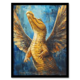 "Artery8 Yellow Crocodile With Angel Wings Oil Painting Framed Art Print - Size: W12"" x H16""" - thumbnail 1