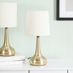 ValueLights Teardrop Pair of Fabric Shades Brushed Gold Bedside Touch Table Lamps in Cream - thumbnail 1