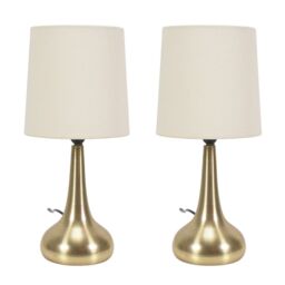 ValueLights Teardrop Pair of Fabric Shades Brushed Gold Bedside Touch Table Lamps in Cream - thumbnail 2
