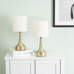 ValueLights Teardrop Pair of Fabric Shades Brushed Gold Bedside Touch Table Lamps in Cream - thumbnail 8